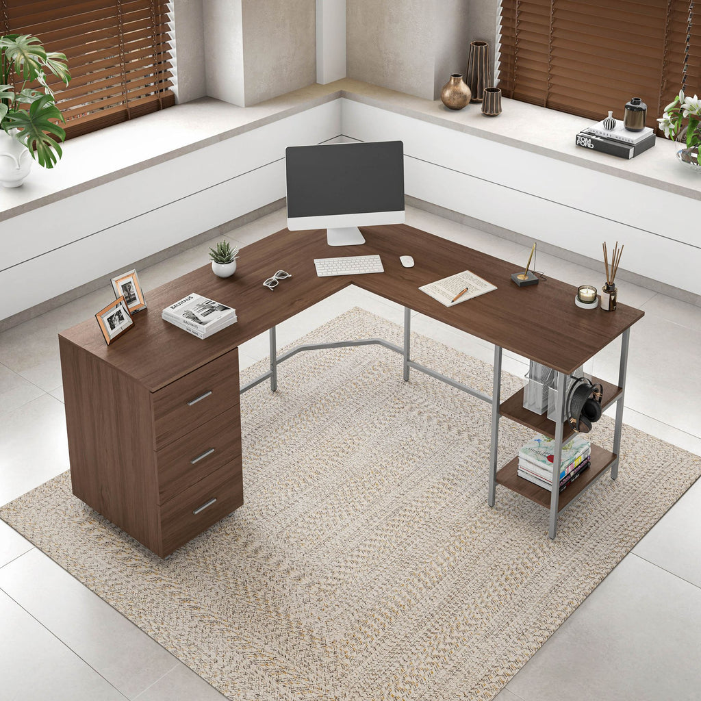Techni Mobili L-Shape Home Office Two Tone Desk with Storage, Walnut