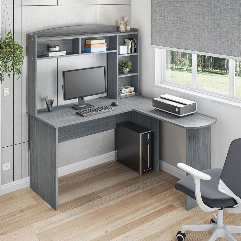 Techni Mobili Modern L-Shaped Desk with Hutch, Grey