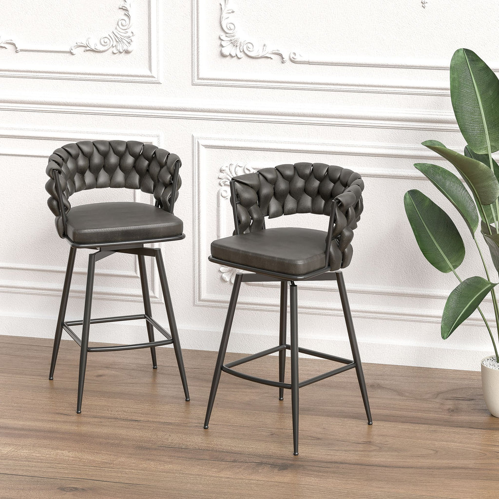 Technical Leather Woven Bar Stool Set of 2,Black legs Barstools No Adjustable Kitchen Island Chairs,360 Swivel Bar Stools Upholstered Counter Stool Arm Chairs with Back Footrest, (Tan)