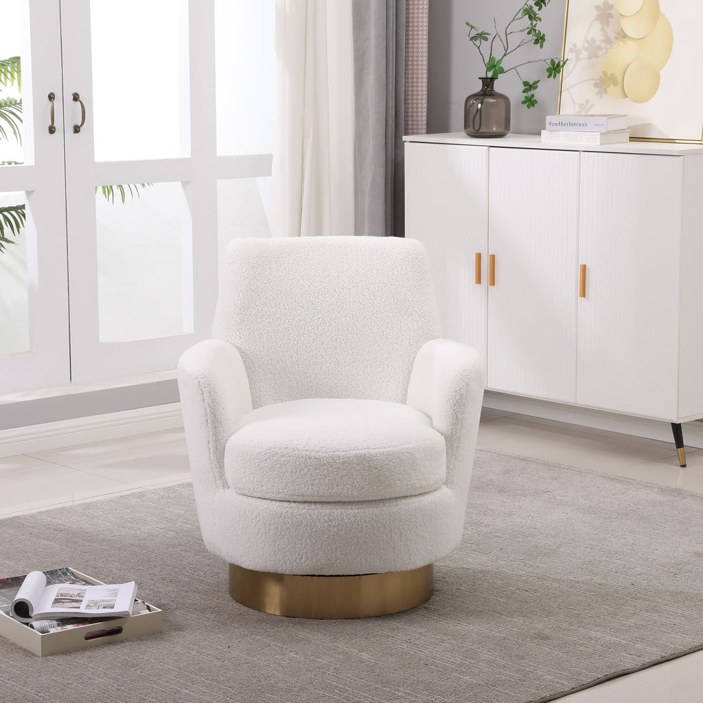 Teddy Swivel Barrel Chair, Swivel Accent Chairs Armchair for Living Room, Reading Chairs for Bedroom Comfy, Round Barrel Chairs with Gold Stainless Steel Base (Ivory)