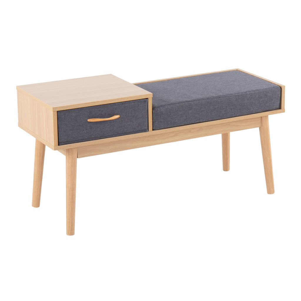 Telephone Contemporary Bench in Natural Wood and Grey Fabric with Pull-Out Drawer
