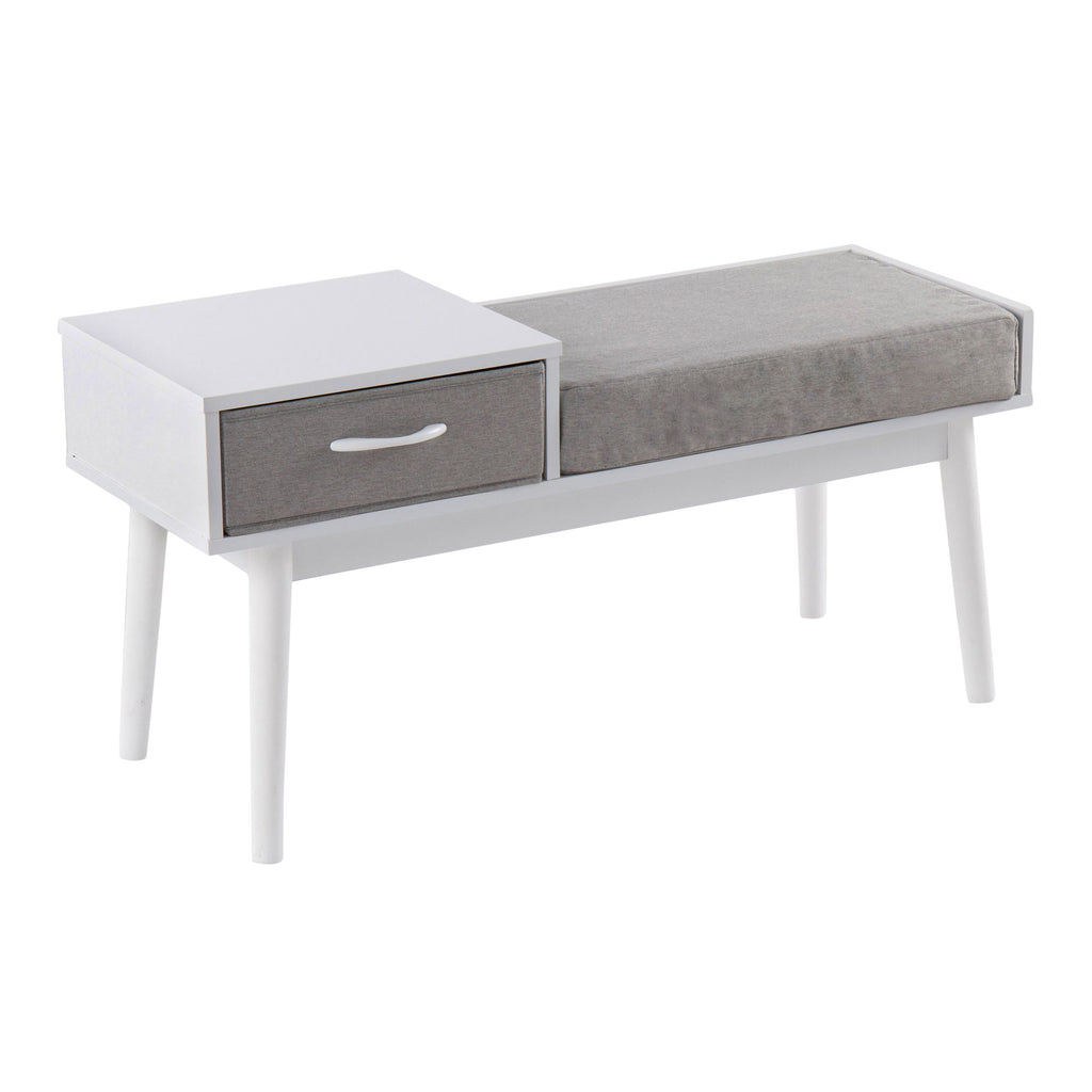 Telephone Contemporary Bench in White Wood and Grey Fabric with Pull-Out Drawer