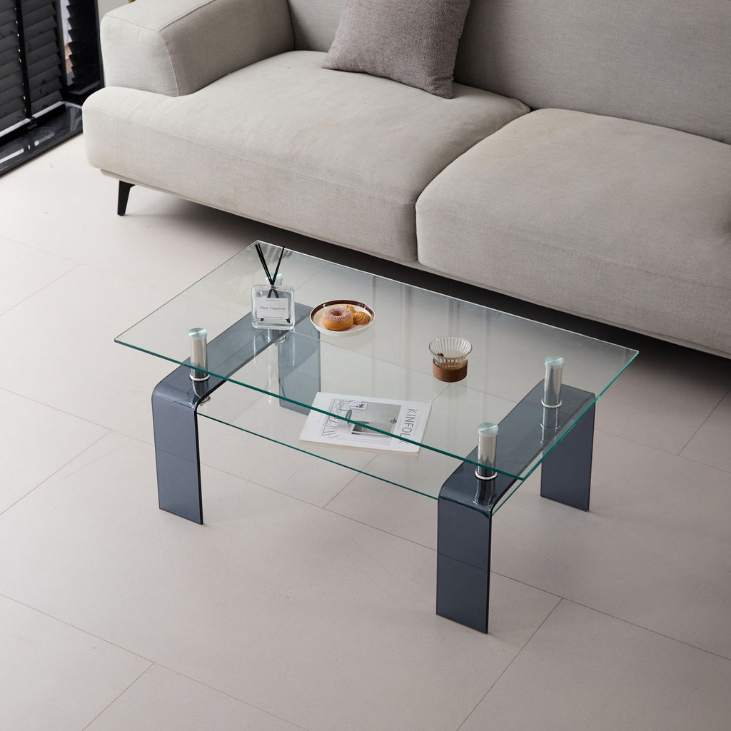 Tempered Glass Coffee Table, Modern Glass Coffee Table for Living Room, 2-Tier Storage Center Coffee Table with Smoke Legs