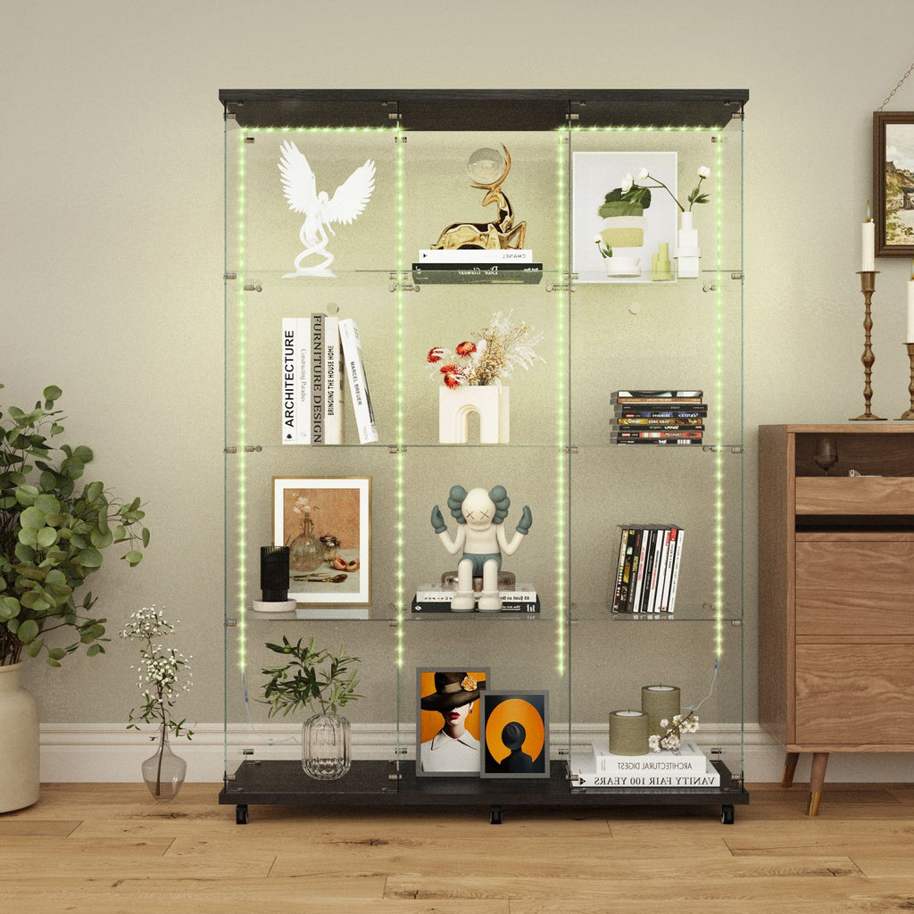 Tempered glass display cabinet, wine cabinet,storage cabinet,file cabinet,with Bluetooth LED light strip,lock on the door,equipped with cast,easy to move,for living room, bedroom,hallway,Office,Black