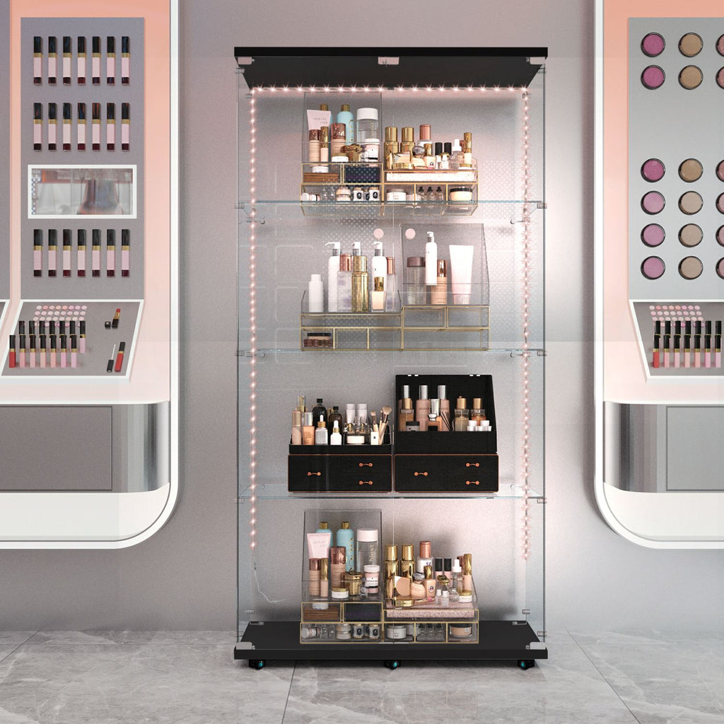 Tempered glass display cabinet, wine cabinet,storage cabinet,file cabinet,with Bluetooth LED light strip,lock on the door,equipped with cast,easy to move,for living room, bedroom,hallway,Office,black