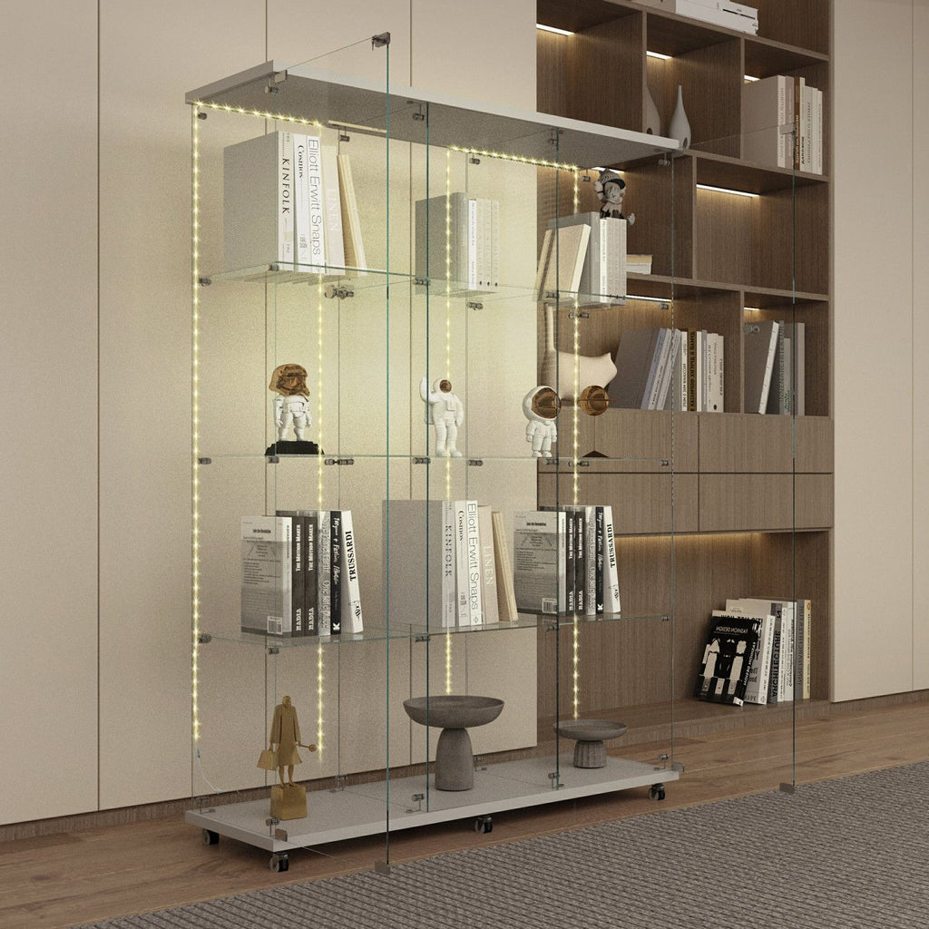 Tempered glass display cabinet, wine cabinet,storage cabinet,file cabinet,with Bluetooth LED light strip,lock on the door,equipped with cast,easy to move,for living room, bedroom,hallway,Office,white