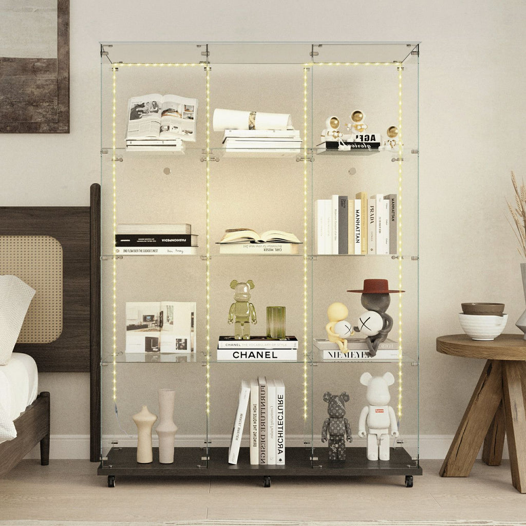 Tempered Glass Display Cabinet,Wine Cabinet, Storage Cabinet,File Cabinet with Bluetooth LED Light Strips,Tempered Glass Top, Lock on Door Wheels,Suitable for Living Room, Bedroom, Hall, Office,Black