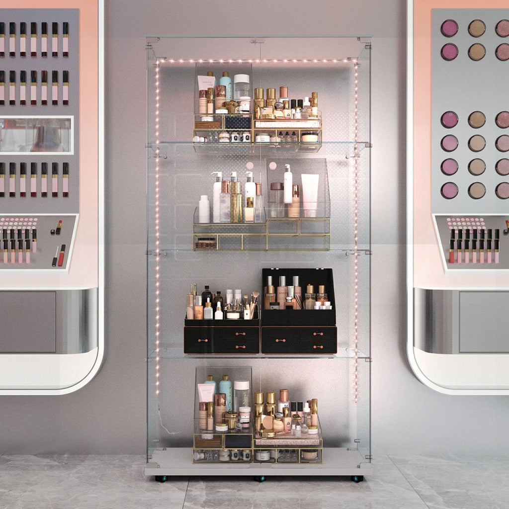 Tempered glass display cabinet,wine cabinet, storage cabinet,file cabinet,with Bluetooth LED strip,can be controlled by remote control or mobile APP,swivel casters,can be placed anywhere,color:white