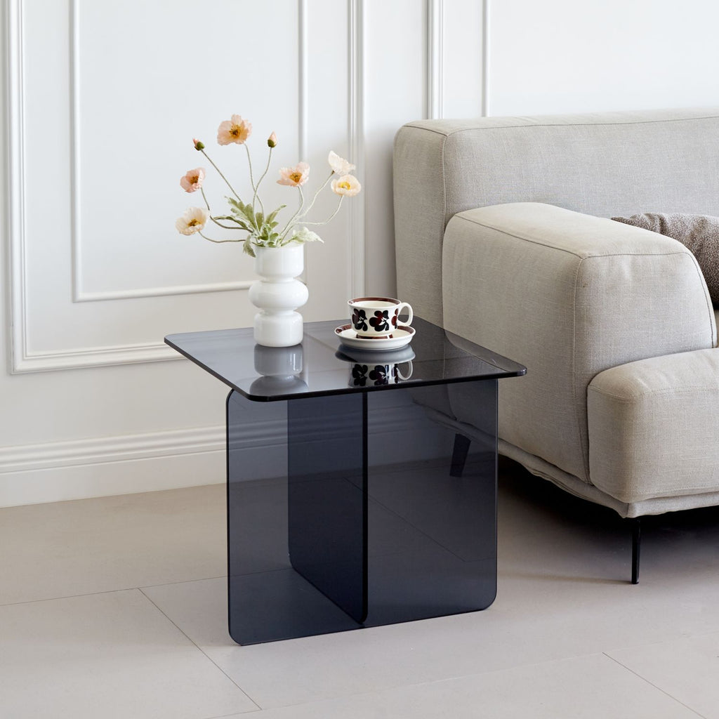 Tempered Smoke Glass SideTable, Small Tea Table, Grey Night Stand Tempered Glass Sofa Table