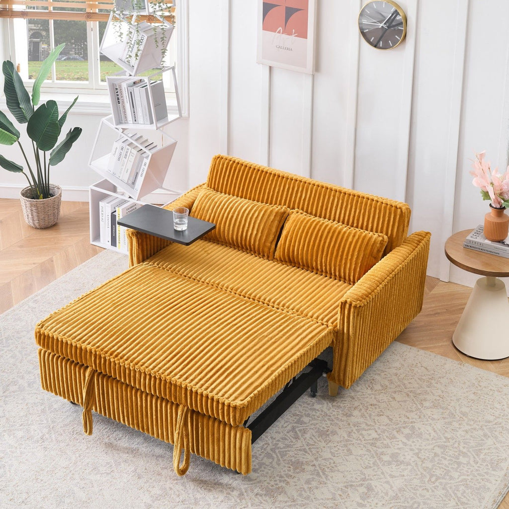 The pull-out and push-in yellow corduroy sofa with dual functions, equipped with a movable tabletop and USB ports, is suitable for use in living rooms and bedrooms.