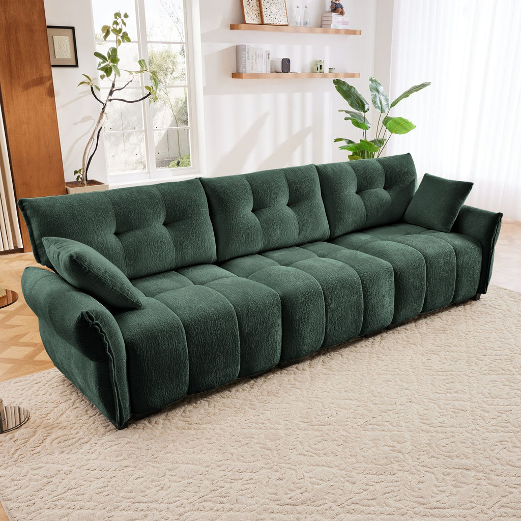 This 3 - Seater Sofa Set, With 2 Ottomans And Pillows, Has Solid Wood Frame, Textured Chenille Cover, High - Rebound Cushions,Ideal For Living Rooms, Apartments, Lounges, In Green