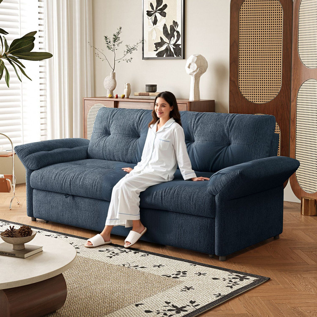 This is a multi-functional sofa with a 81.5-inch convertible sofa bed It is in a two-in-one design,suitable for both sitting and lying It is made of plush fabric and is suitable for both living rooms