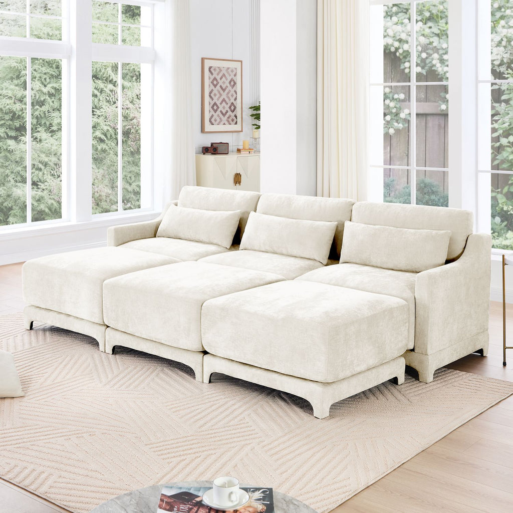 Three - seater sofa, 3 movable ottomans, equipped with lumbar pillow,Chenille fabric, high quality wooden base, ergonomic design, high - resilience sponge, easy to install, Suits studies, Beige