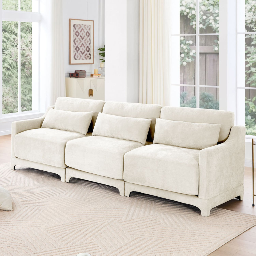 Three - seater sofa with lumbar pillow,Chenille, ergonomic, wooden base,high - resilience sponge, elegant armrests, easy install,suits bedrooms, studies, hotels, apartments,Beige