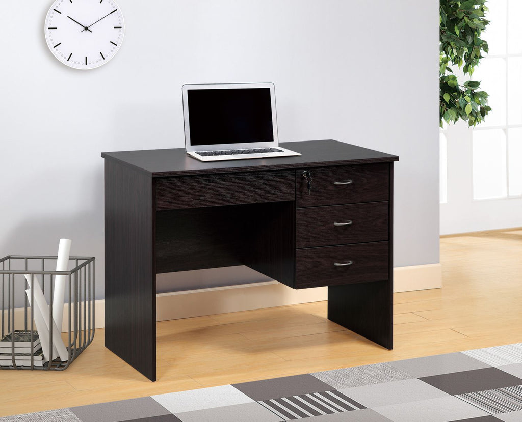 Three locking drawers on metal glides Student Desk Work Desk Modesty Panel Metal Bar Handles Red Cocoa color