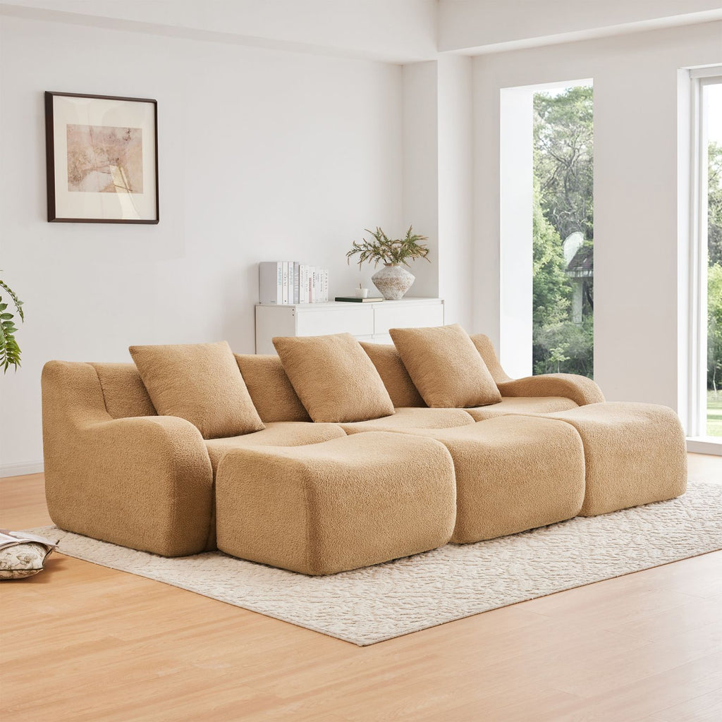 Three-Seat Boneless Sofa High-Quality Teddy Fabric ,No assembly required Curved armrest Anti-slip Design Ergonomic design, Assembly Chaise 32D High Density Sponge living rooms media rooms,Camel