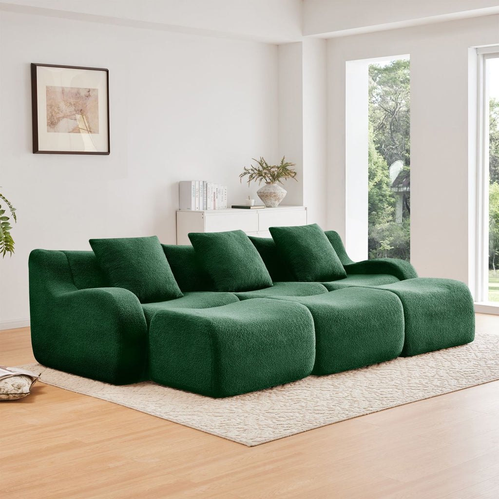 Three-Seat Boneless Sofa High-Quality Teddy Fabric ,No assembly required Curved armrest Anti-slip Design Ergonomic design, Assembly Chaise 32D High Density Sponge living rooms media rooms,Green