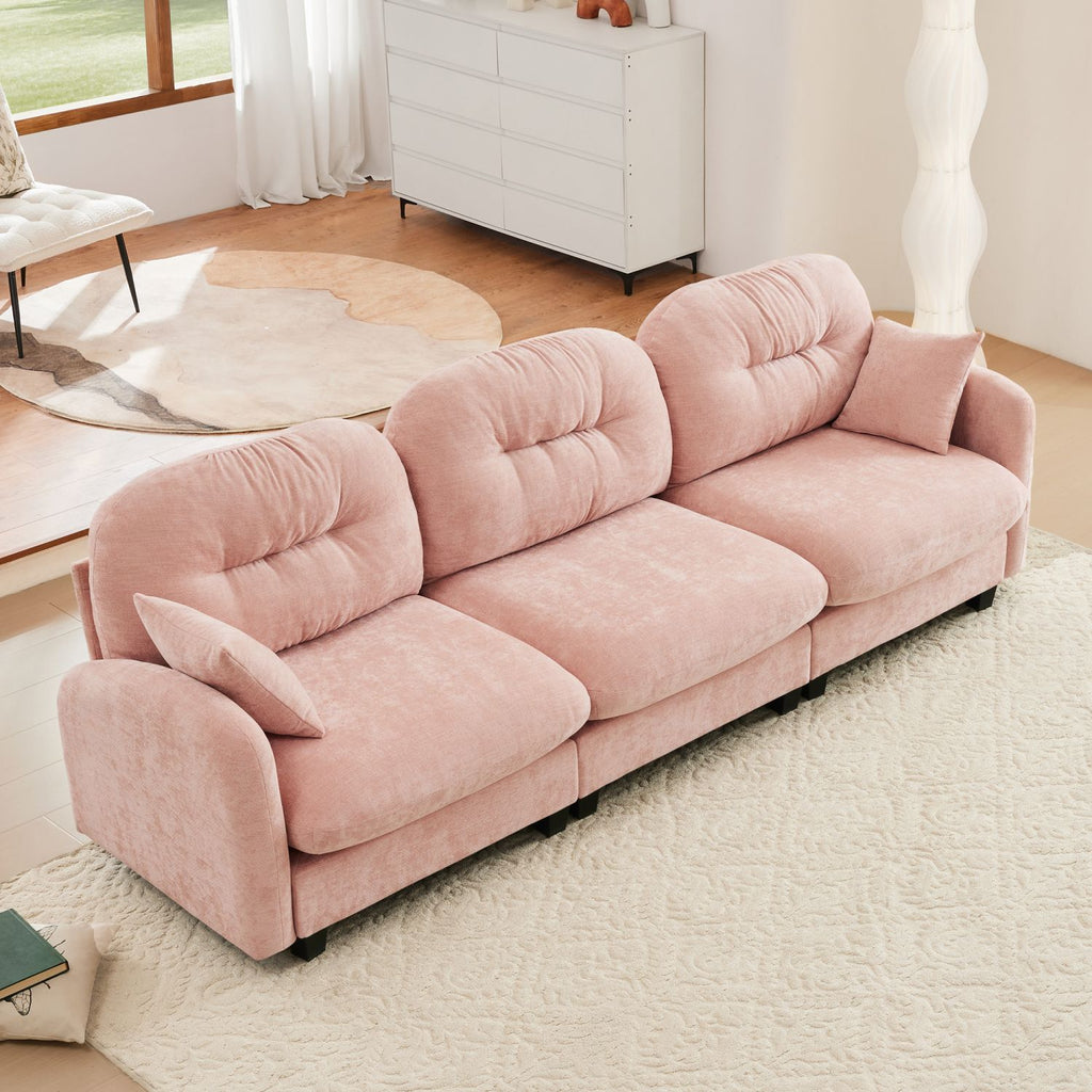 Three-Seate Modular Sectional Couch,Soft Chenille Fabric High-Density Foam,Quilted Pleated Design Ergonomic Design,Elegant Armrests,High Quality Wooden Base,Fits Bedrooms Living Rooms,Pink