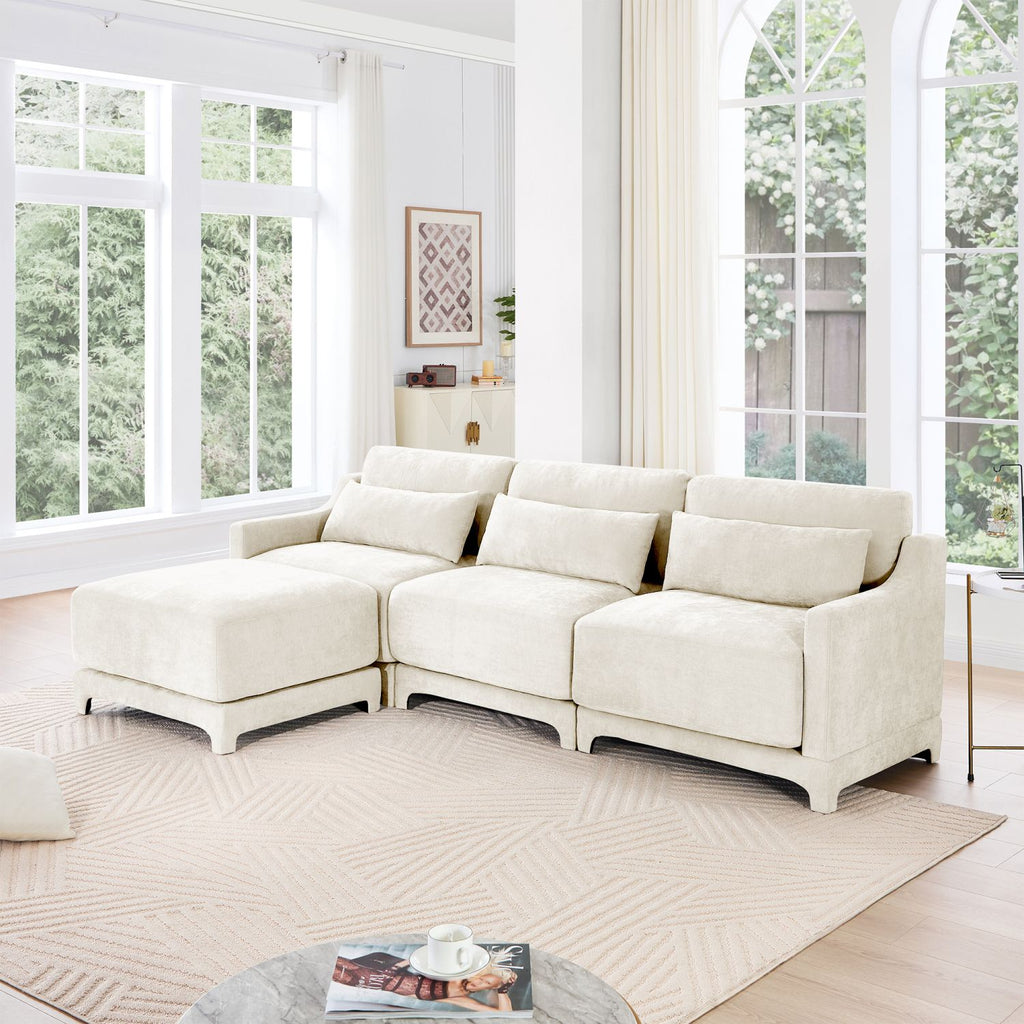 Three-seater Chenille sofa,Two movable ottomans,High-quality wood base, high-resilience sponge, easy install,Fits living rooms, studies,Beige