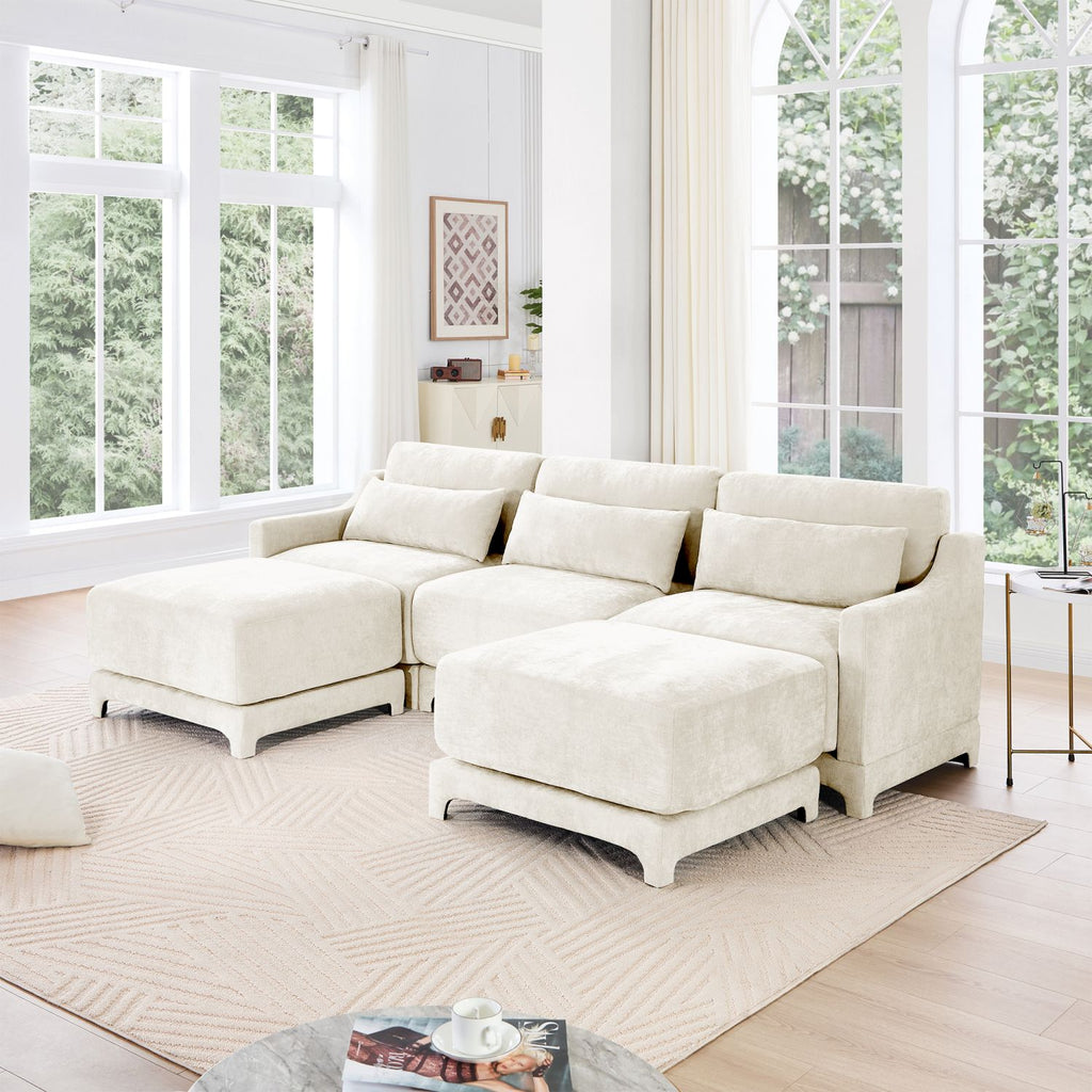 Three-Seater Sofa, 2 Movable Ottomans and Lumbar Pillow,Chenille Fabric,High-Resilience Sponge,High quality wooden base,Elegant Armrests, Easy Install,Suits Studies, Living Rooms,Beige