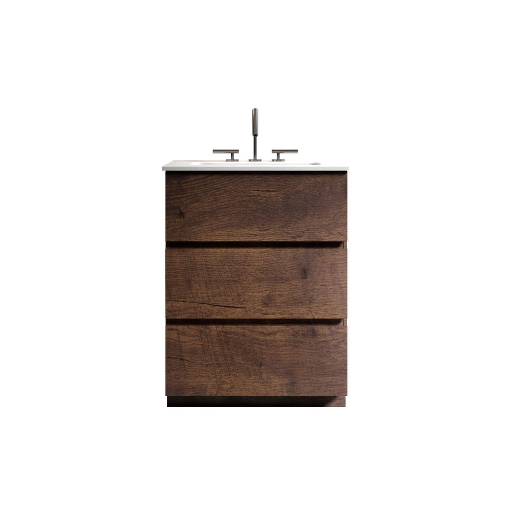 TIA 24" Walnut Bathroom Vanity with Sink with 3 Faucet Holes, Large Storage Freestanding Bathroom Vanity for Modern Bathroom, One-Piece White Sink Basin without Drain and Faucet, Pre-assembled