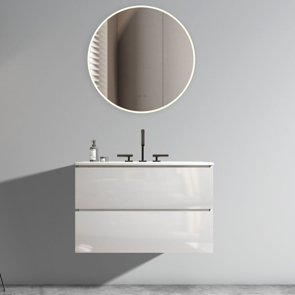 TIA 30" Wall Mount Glossy White Bathroom Vanity with Ceramic Sink with Three Faucet Holes, Large Storage Floating Bathroom Vanity for Modern Bathroom, Pre-assembled