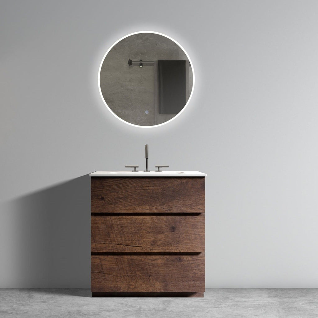 TIA 30" Walnut Bathroom Vanity with Sink with 3 Faucet Holes, Large Storage Freestanding Bathroom Vanity for Modern Bathroom, One-Piece White Sink Basin without Drain and Faucet, Pre-assemble