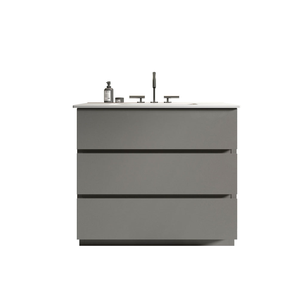 TIA 36" Gray Bathroom Vanity with Sink with 3 Faucet Holes, Large Storage Freestanding Bathroom Vanity for Modern Bathroom, One-Piece White Sink Basin without Drain and Faucet, Pre-assembled