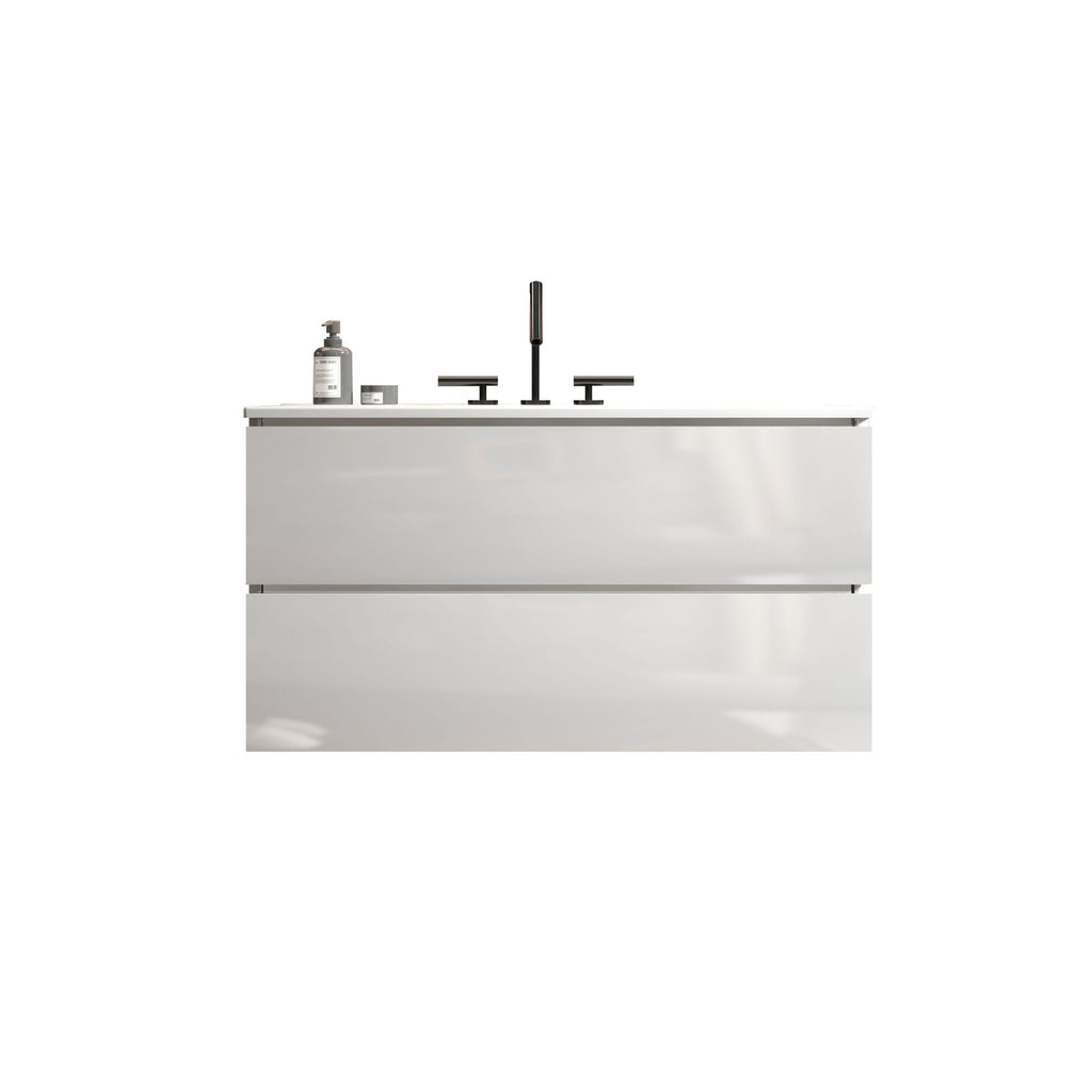 TIA 36" Wall Mount Glossy White Bathroom Vanity with Ceramic Sink with Three Faucet Holes, Large Storage Floating Bathroom Vanity for Modern Bathroom, Pre-assembled