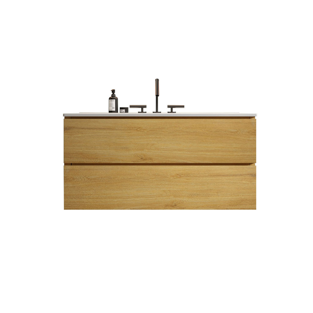 TIA 36" Wall Mount Natural Oak Bathroom Vanity with Ceramic Sink with three faucet holes, Large Storage Floating Bathroom Vanity for Modern Bathroom, Pre-assembled
