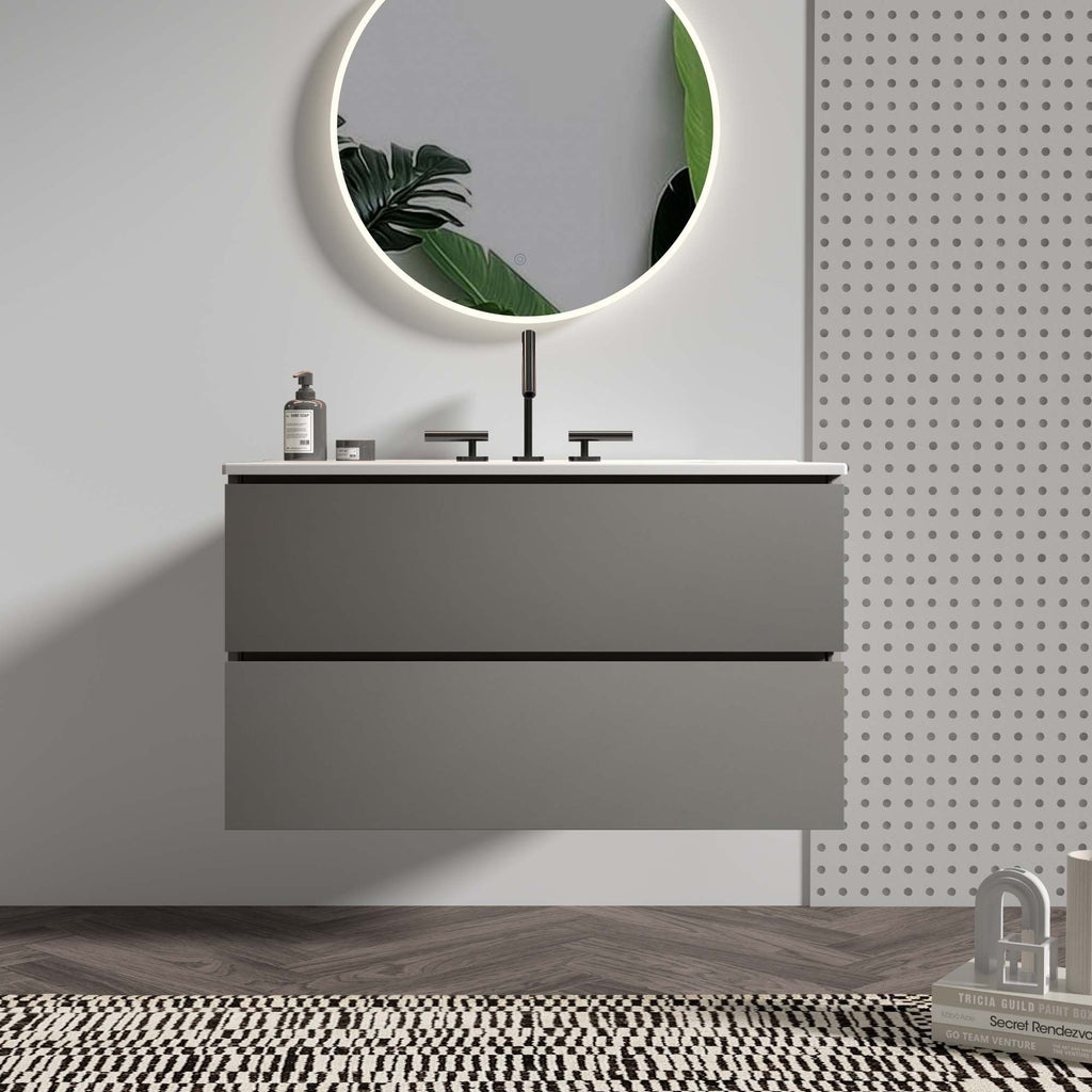 TIA 36" Wall Mount Space Grey Bathroom Vanity with Ceramic Sink with Three Faucet Holes, Large Storage Floating Bathroom Vanity for Modern Bathroom, Pre-assembled