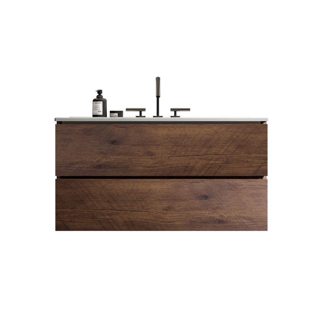 TIA 36" Wall Mount Walnut Bathroom Vanity with Ceramic Sink with Three Faucet Holes, Large Storage Floating Bathroom Vanity for Modern Bathroom, Pre-assembled