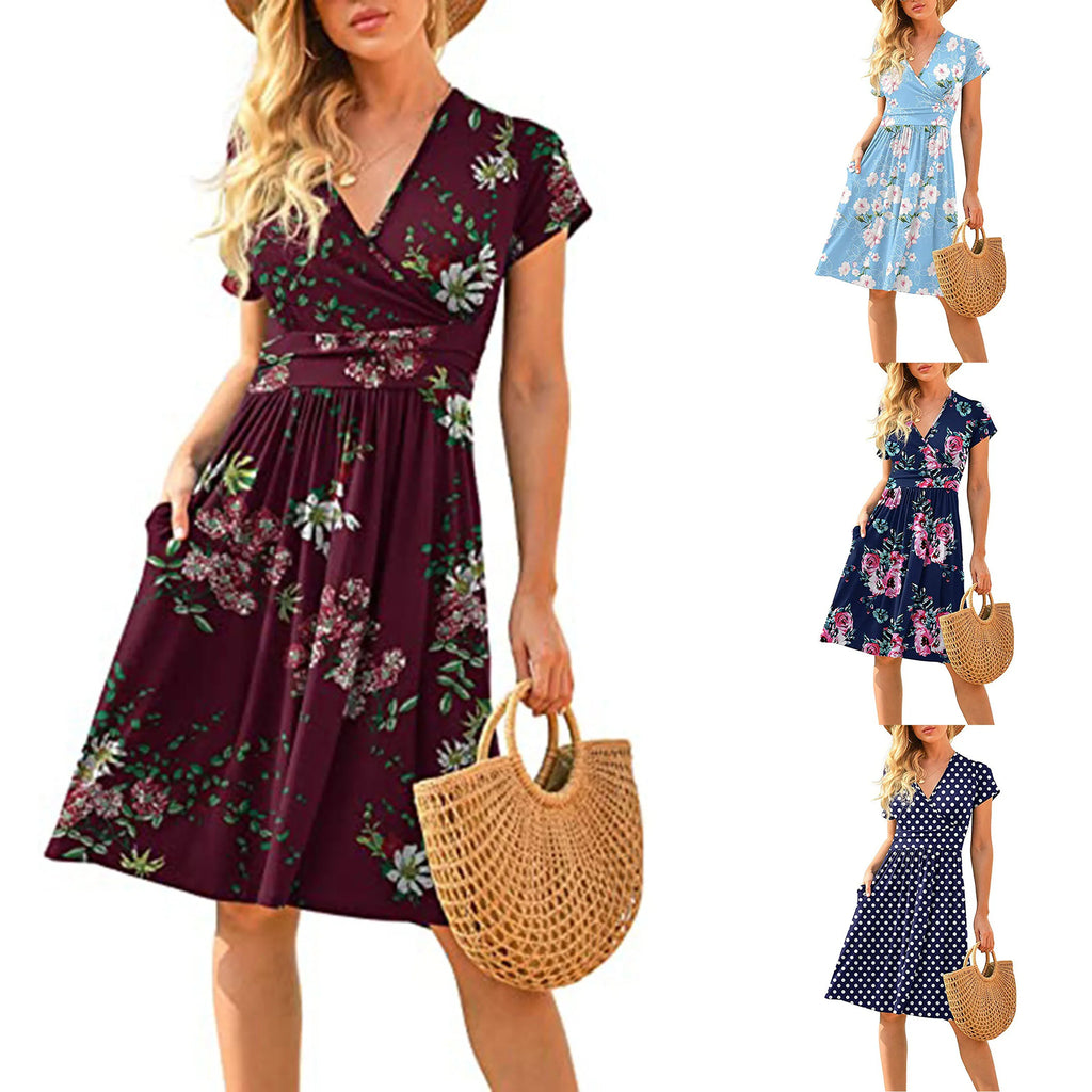 Women’s Long V-Neck Short Sleeve Printed Pocket Dress with Loose Fit and Stylish Design