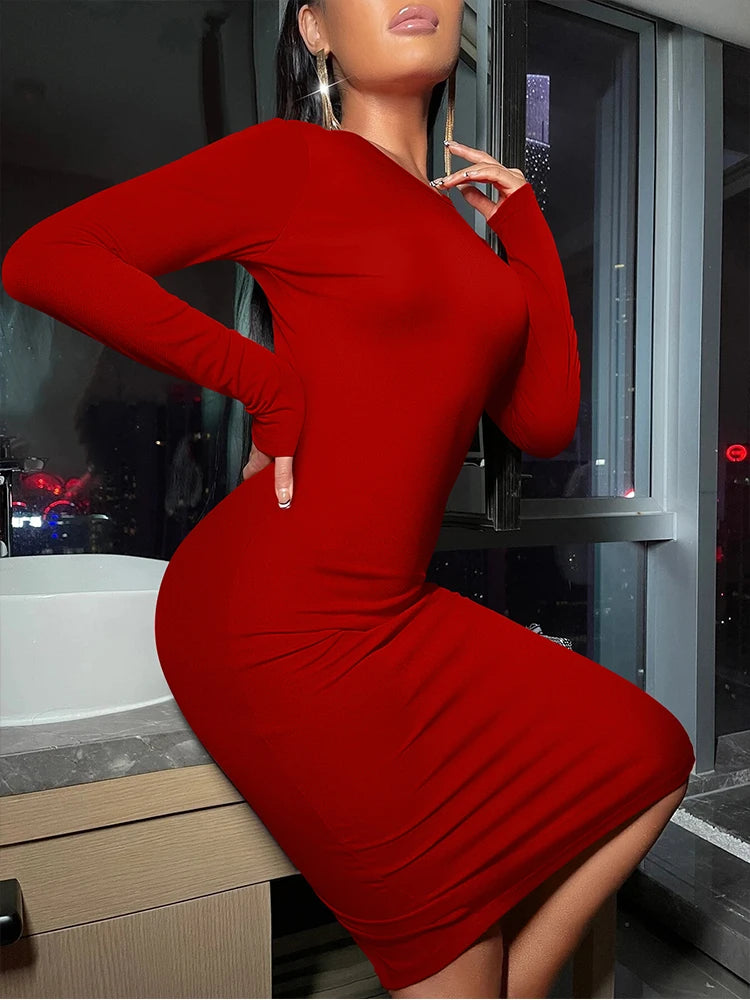 Highly Elastic Solid Color Long Sleeve Bodycon Midi Dress for Women with Sexy Wrap Design