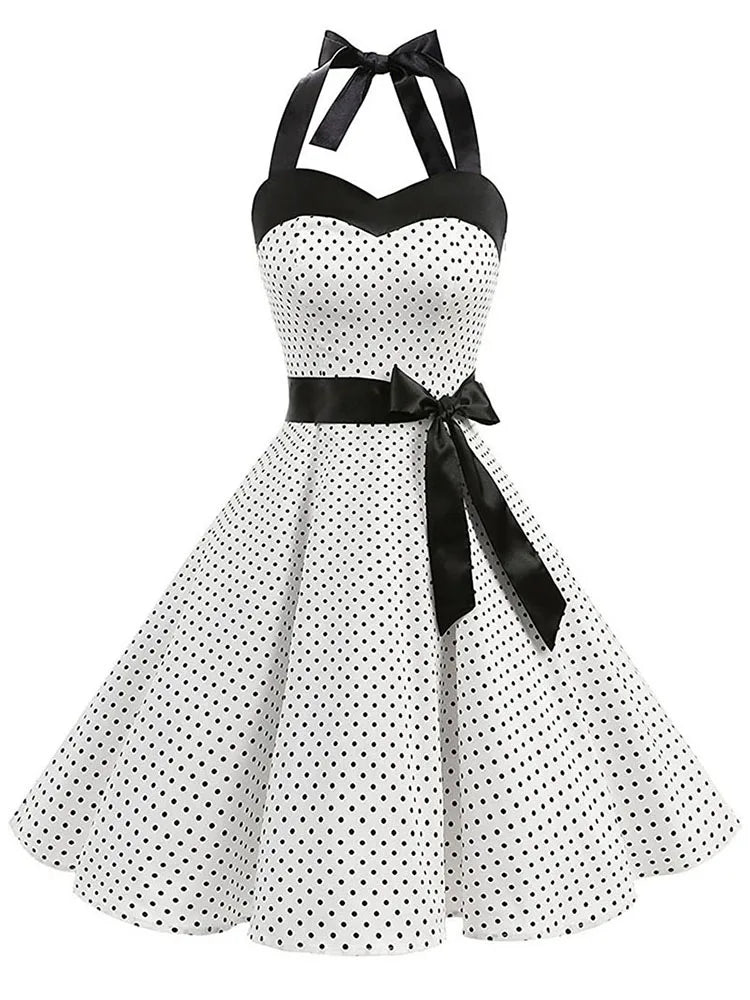 Women Polka Dot Print Summer Dress with Retro White Halter Neck and Pin Up Vibe Vintage Rockabilly Party Robe - NIICY
