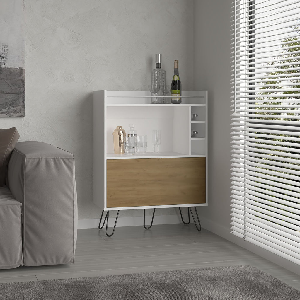 Tori 42" Tall One-Door Bar Cabinet with Three Cubbies, Three Shelves, Top Prep surface with Rail for Living room White - Natural Oak