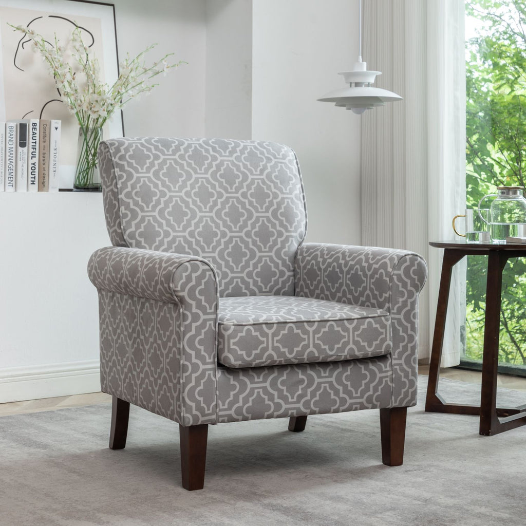 Traditional Rolled Arm Armchair, Solid Birch Wood Frame with Tapered Brown Legs, Polyester Blend Printed Cloth Upholstered Chair with Foam Filled Seat for Living Room Office
