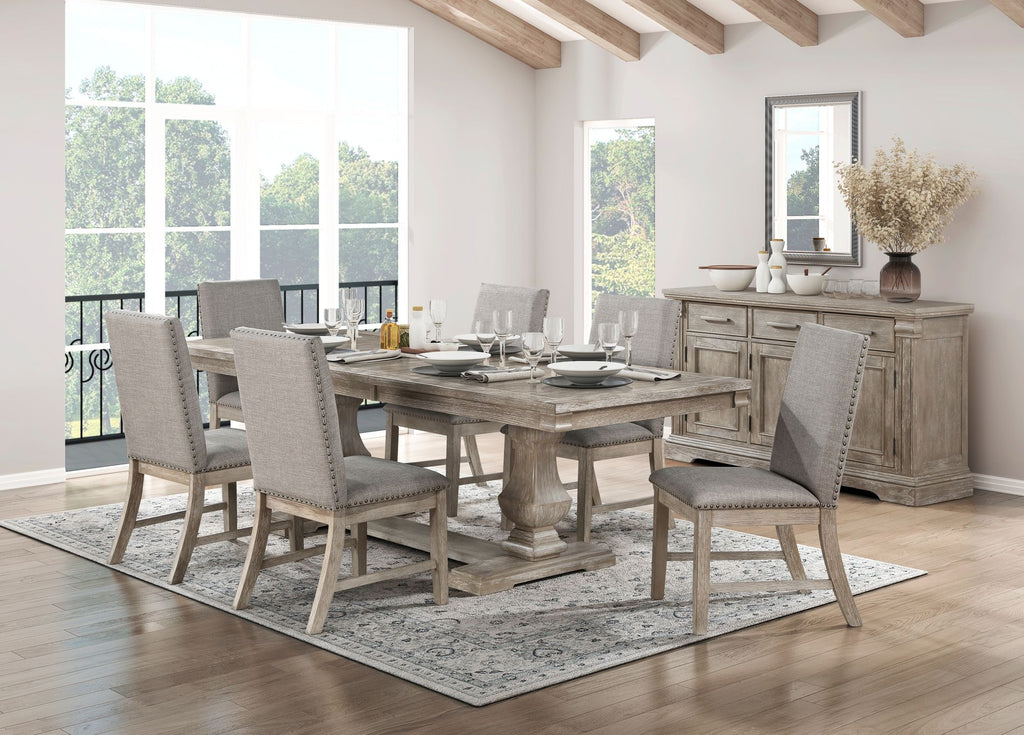 Traditional Style 7pc Dining Set Table with Extension Leaf and 6x Side Chairs Brownish Gray Finish Wooden Dining Kitchen Furniture