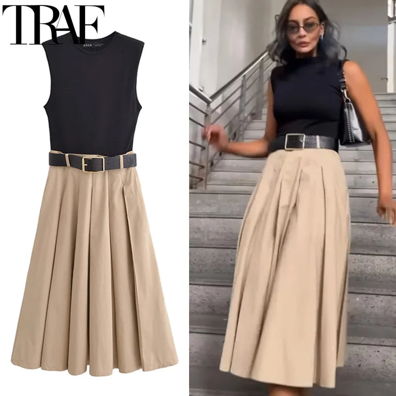 Sleeveless Patchwork Long Dress with Pleats and Belt for Summer Elegant Party and Casual Occasions