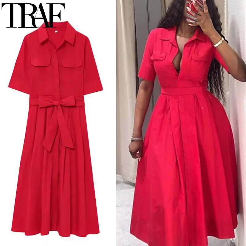 Red Women's Dress with Short Sleeves and Pleated Midi Skirt, Casual Collared Shirt Dress with Belt for Elegant Holiday and Daywear