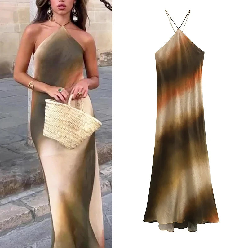 Elegant Women's Long Dress for Summer Party and Evening Wear with Halter Neck and Backless Design in Flattering Midi Length