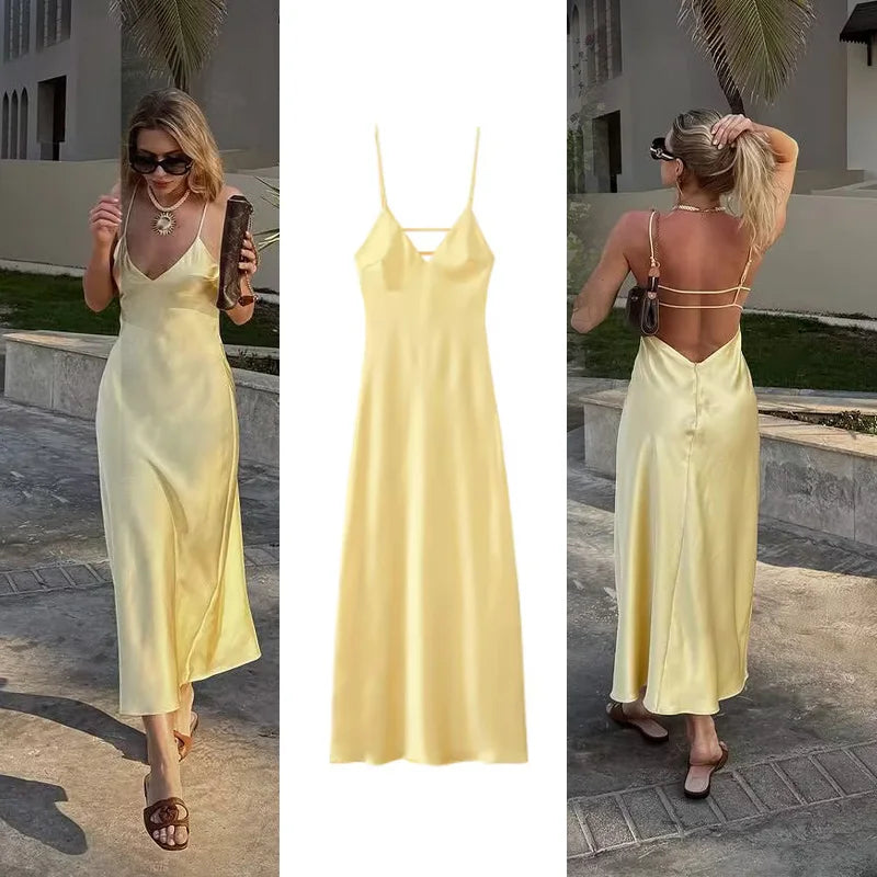 Women’s V-Neck Yellow Backless Maxi Dress with Slim Fit and Textured Sling Design for Beach and Casual Parties