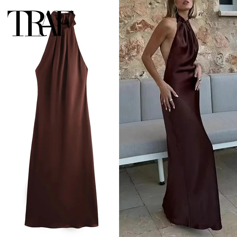 Elegant Satin Halter Dress for Women Off Shoulder Backless Long Sleeveless Evening Party Gown