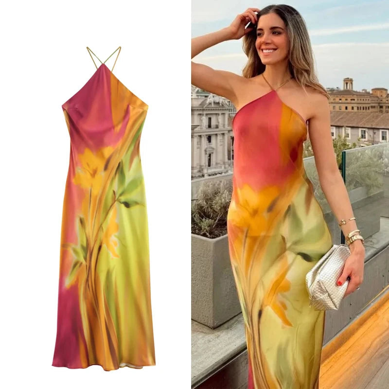 Satin Halter Dress for Women with Bold Print Backless Midi Dress Elegant Summer Party Dress Draped Slip Female Evening Wear