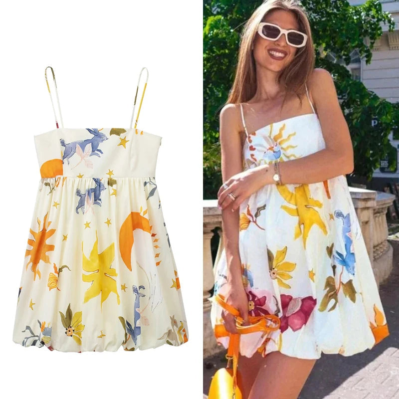 Sleeveless Printed Slip Mini Dress for Women Ruffled Sundress Backless Short Summer Dress - NIICY