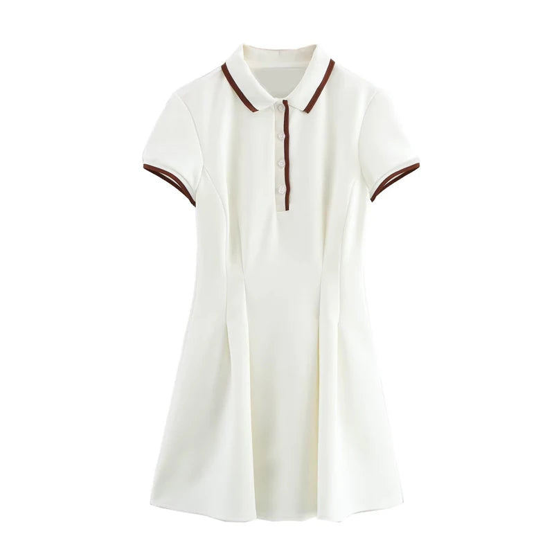 White Short Dress for Women with Polo Shirt Style Spring Mini Dress Ribbed Short Sleeve Elegant Casual Vestidos