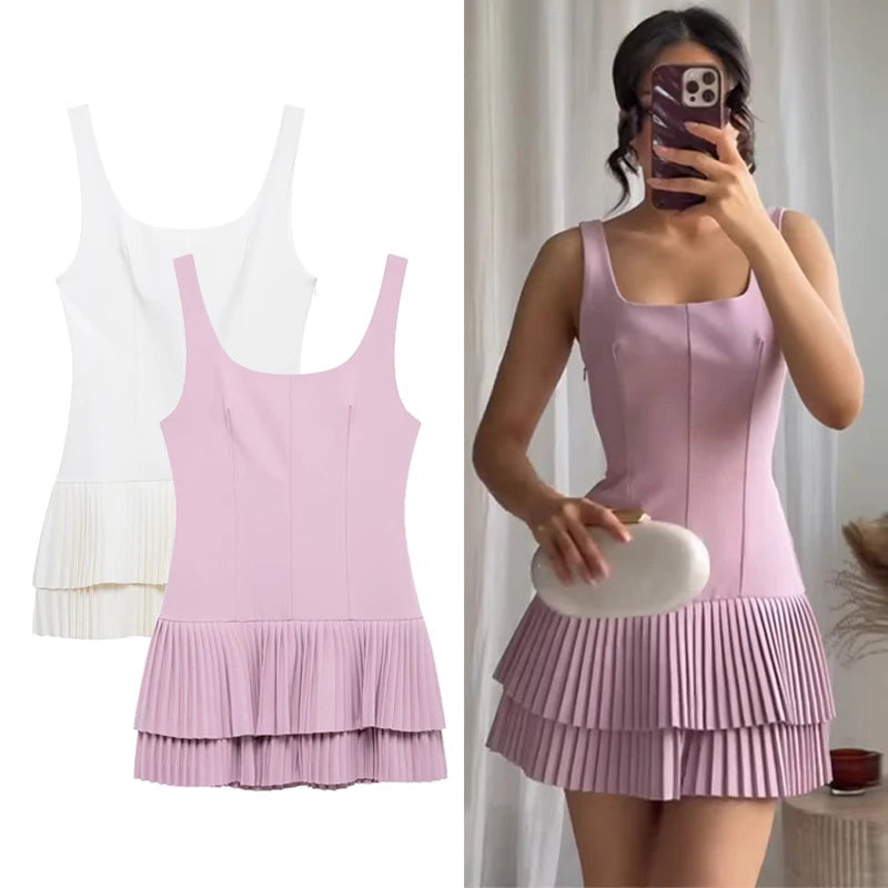 Pleated Mini Dress for Women Backless Straps Playsuit Short Dress Elegant Party Jumpsuit