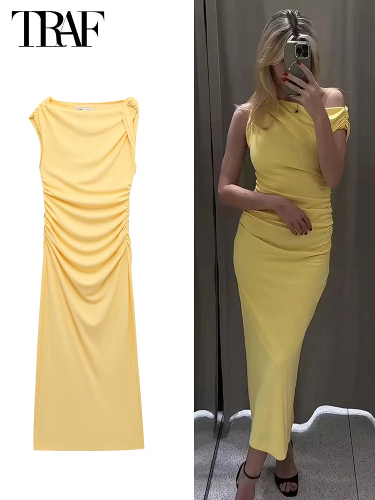 Yellow Draped Asymmetric Maxi Dress for Women Sleeveless Party Beach Summer Dress with Pleats