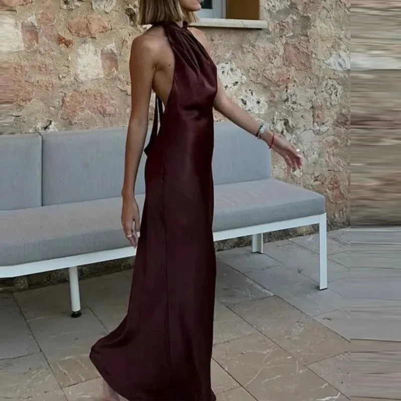 Halter Satin Long Dress for Women Tied Backless Brown Midi Dress with Off Shoulder Pleated Design for Summer Party and Evening Occasions - NIICY