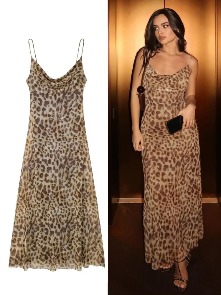 Women’s Summer Vintage Leopard Print Dress Sleeveless Backless Suspender Long Casual Beach Party Dress